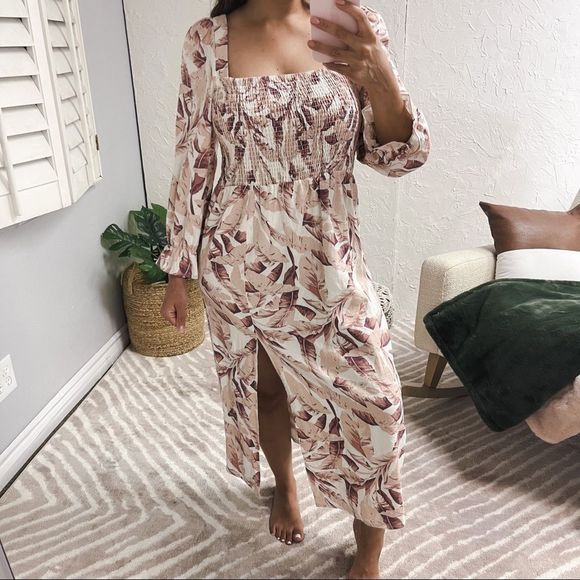 House of Harlow 1960 Womens Large Dress Midi Pink Floral Leaves Puff Sleeves - Picture 2 of 13